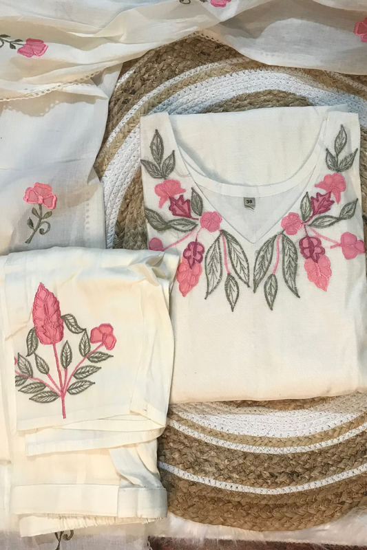 Floral embroidered White Kurti set