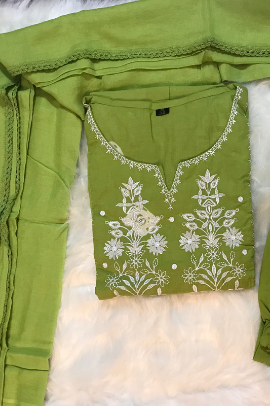 Graceful green suit set with white floral embroidery