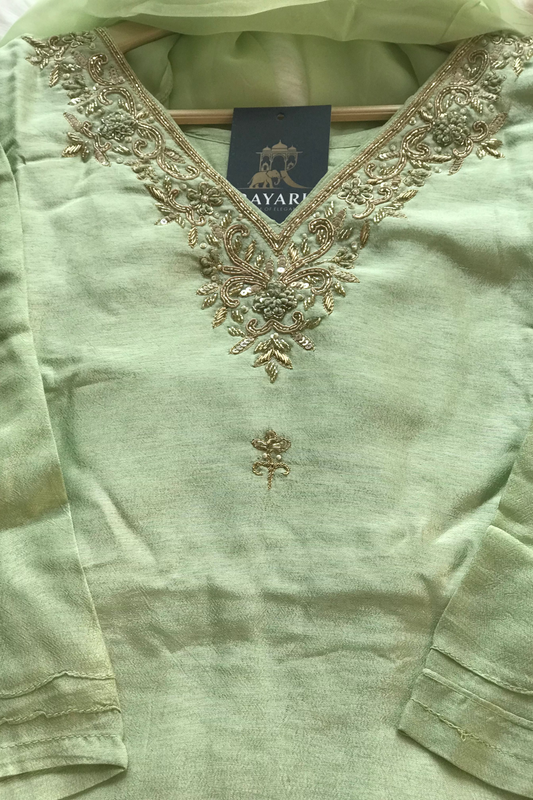 Pastel Green Russian Silk Kurti Set with Pant & Dupatta