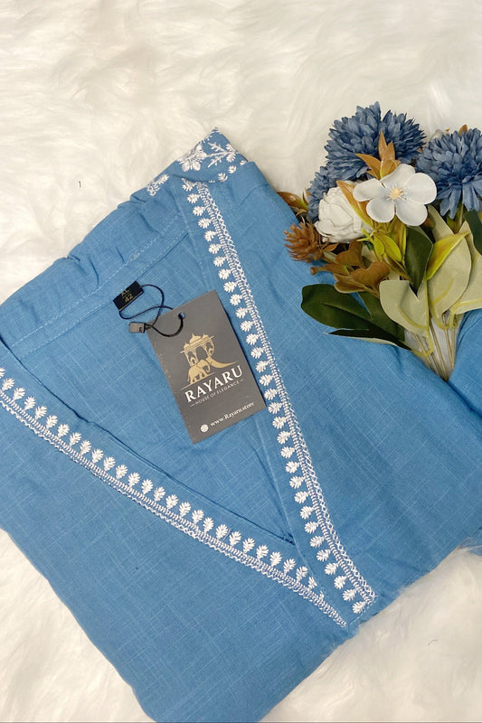 Effortless office chic: Light blue cotton kurti with matching pants.
