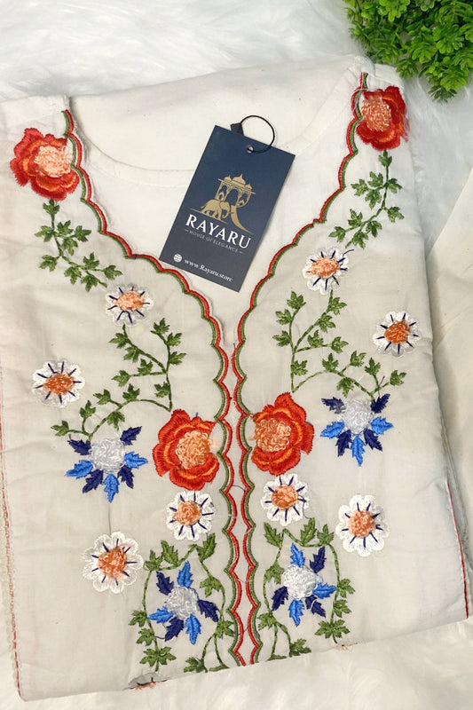 Half White Floral Embroidered 2-Piece Cotton Kurti Set