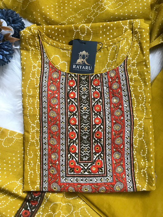 A stylish and breathable cotton Mustard Yellow kurti set