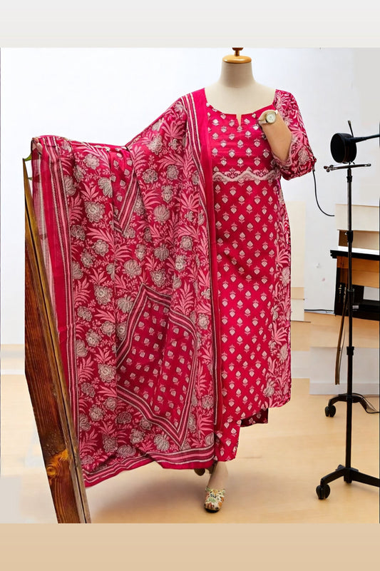 Red Floral Printed 3-Piece Cotton Kurti Set